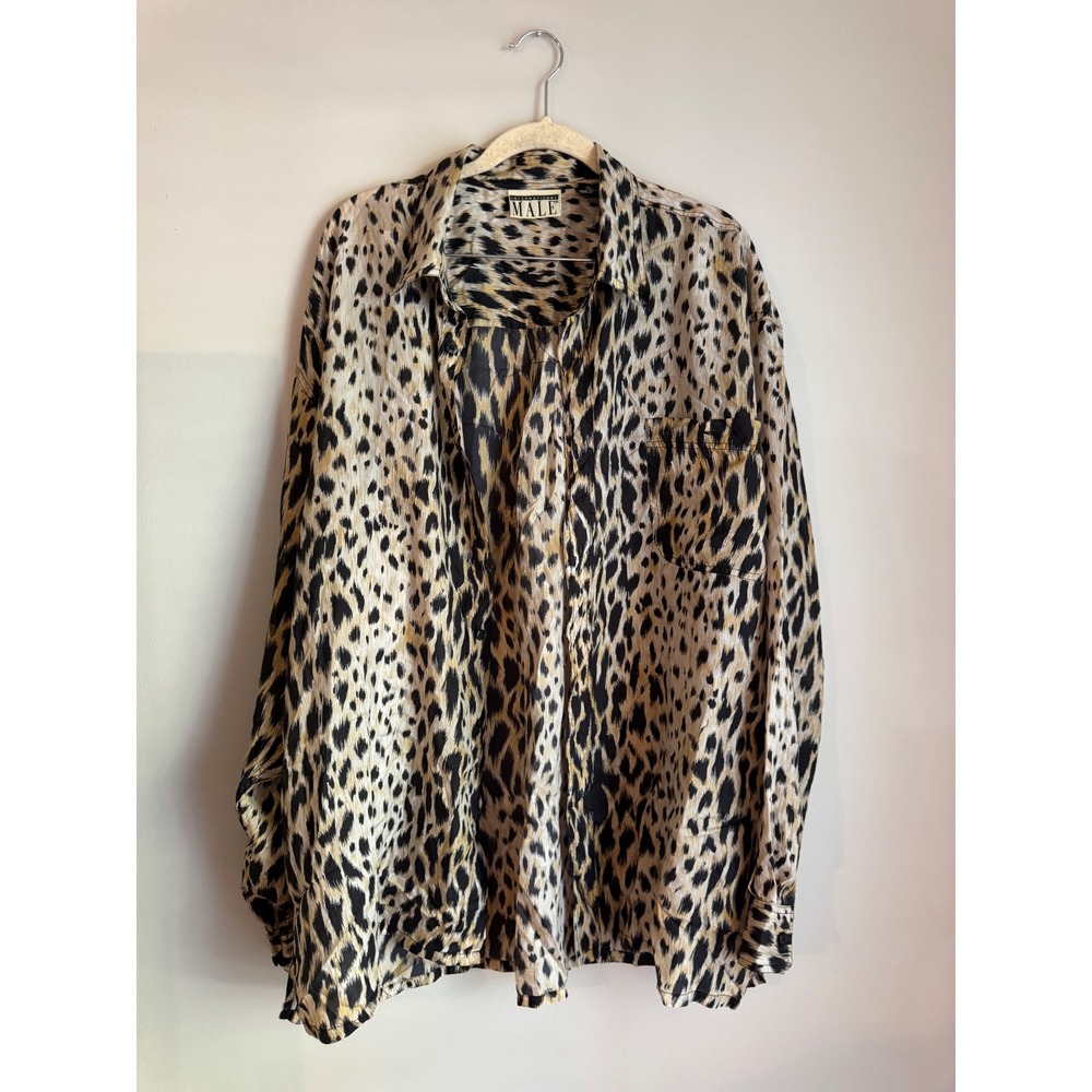 International Male Vintage 100% Silk Leopard Print Button Down Shirt Mens XL
